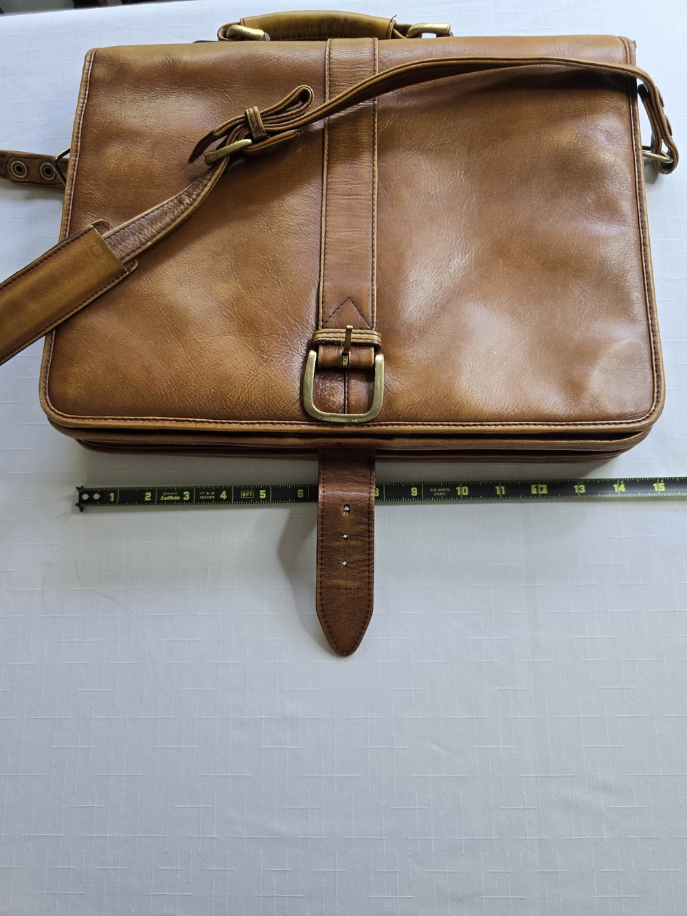 Premium Tan Leather Briefcase with Buckle Closure Office Business - Picture 5 of 9